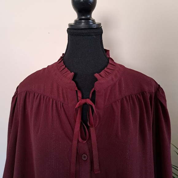 DKNY Women's Lurex Blouse Burgandy Long Sleeve Ruffle Top  NWOT - Picture 7 of 14